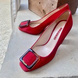 Red suede Prada heels